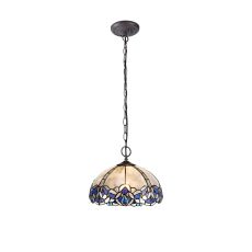 Pizza 31cm 2 Light Downlight Pendant E27 With 30cm Tiffany Shade, Blue/Clear Crystal/Aged Antique Brass