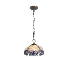 Pizza 31cm 3 Light Downlight Pendant E27 With 30cm Tiffany Shade, Blue/Clear Crystal/Aged Antique Brass