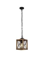 Saltimbocca Pendant, 1 x E27, Wood Effect & Black/Clear Glass, IP54, 2yrs Warranty