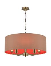 Banyan 5 Light Multi Arm Pendant, With 1.5m Chain, E14 Antique Brass With 60cm x 22cm Dual Faux Silk Shade, Antique Gold/Ruby