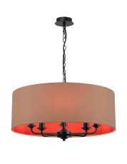 Banyan 5 Light Multi Arm Pendant With 60cm x 22cm Dual Faux Silk Fabric Shade Matt Black/Antique Gold