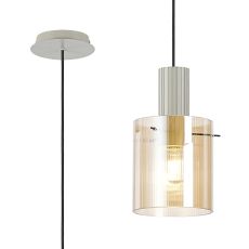 Brandroot Ribbed 21cm Single Pendant, 1 Light Adjustable E27, Beige Stone/Amber Narrow Line Glass