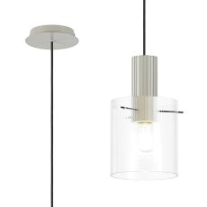 Brandroot Ribbed 21cm Single Pendant, 1 Light Adjustable E27, Beige Stone/Clear Narrow Line Glass