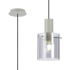 Brandroot Ribbed 21cm Single Pendant, 1 Light Adjustable E27, Beige Stone/Smoke Narrow Line Glass