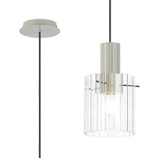 Brandroot Ribbed 21cm Single Pendant, 1 Light Adjustable E27, Beige Stone/Clear Wide Line Glass