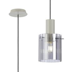 Brandroot Ribbed 21cm Single Pendant, 1 Light Adjustable E27, Beige Stone/Smoke Wide Line Glass