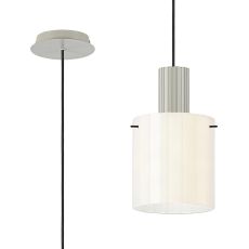 Brandroot Ribbed 21cm Single Pendant, 1 Light Adjustable E27, Beige Stone/Gloss White Wide Line Glass