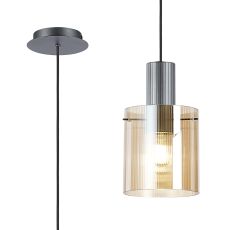 Brandroot Ribbed 21cm Single Pendant, 1 Light Adjustable E27, Dark Grey/Amber Narrow Line Glass