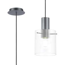 Brandroot Ribbed 21cm Single Pendant, 1 Light Adjustable E27, Dark Grey/Clear Narrow Line Glass