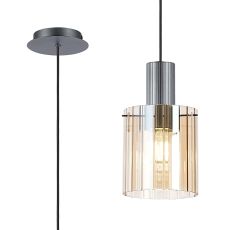 Brandroot Ribbed 21cm Single Pendant, 1 Light Adjustable E27, Dark Grey/Amber Wide Line Glass