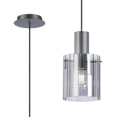 Brandroot Ribbed 21cm Single Pendant, 1 Light Adjustable E27, Dark Grey/Smoke Wide Line Glass