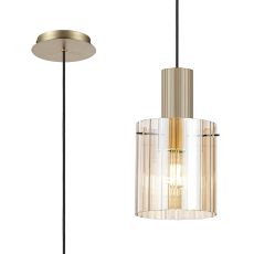 Brandroot Ribbed 21cm Single Pendant, 1 Light Adjustable E27, Light Gold/Amber Wide Line Glass