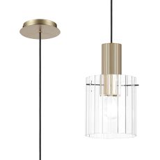 Brandroot Ribbed 21cm Single Pendant, 1 Light Adjustable E27, Light Gold/Clear Wide Line Glass