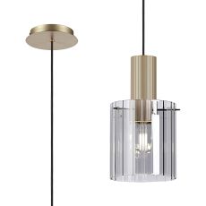 Brandroot Ribbed 21cm Single Pendant, 1 Light Adjustable E27, Light Gold/Smoke Wide Line Glass