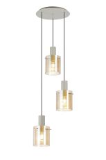 Brandroot Ribbed 49.5cm Round Pendant, 3 Light Adjustable E27, Beige Stone/Amber Narrow Line Glass