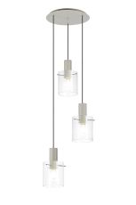 Brandroot Ribbed 49.5cm Round Pendant, 3 Light Adjustable E27, Beige Stone/Clear Narrow Line Glass