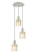 Brandroot Ribbed 49.5cm Round Pendant, 3 Light Adjustable E27, Beige Stone/Amber Wide Line Glass