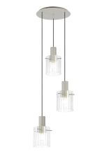 Brandroot Ribbed 49.5cm Round Pendant, 3 Light Adjustable E27, Beige Stone/Clear Wide Line Glass