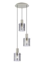 Brandroot Ribbed 49.5cm Round Pendant, 3 Light Adjustable E27, Beige Stone/Smoke Wide Line Glass