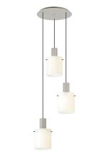 Brandroot Ribbed 49.5cm Round Pendant, 3 Light Adjustable E27, Beige Stone/Gloss White Wide Line Glass