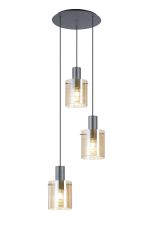 Brandroot Ribbed 49.5cm Round Pendant, 3 Light Adjustable E27, Dark Grey/Amber Narrow Line Glass