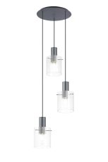 Brandroot Ribbed 49.5cm Round Pendant, 3 Light Adjustable E27, Dark Grey/Clear Narrow Line Glass