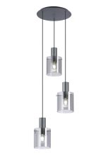 Brandroot Ribbed 49.5cm Round Pendant, 3 Light Adjustable E27, Dark Grey/Smoke Narrow Line Glass