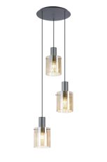 Brandroot Ribbed 49.5cm Round Pendant, 3 Light Adjustable E27, Dark Grey/Amber Wide Line Glass