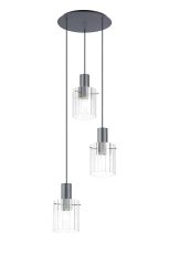 Brandroot Ribbed 49.5cm Round Pendant, 3 Light Adjustable E27, Dark Grey/Clear Wide Line Glass