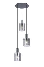 Brandroot Ribbed 49.5cm Round Pendant, 3 Light Adjustable E27, Dark Grey/Smoke Wide Line Glass