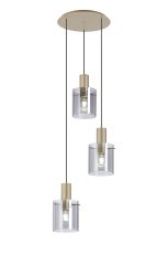 Brandroot Ribbed 49.5cm Round Pendant, 3 Light Adjustable E27, Light Gold/Smoke Narrow Line Glass