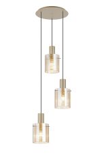 Brandroot Ribbed 49.5cm Round Pendant, 3 Light Adjustable E27, Light Gold/Amber Wide Line Glass