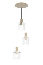 Brandroot Ribbed 49.5cm Round Pendant, 3 Light Adjustable E27, Light Gold/Clear Wide Line Glass