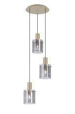 Brandroot Ribbed 49.5cm Round Pendant, 3 Light Adjustable E27, Light Gold/Smoke Wide Line Glass