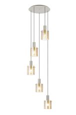 Brandroot Ribbed 66cm Round Pendant, 5 Light Adjustable E27, Beige Stone/Amber Narrow Line Glass