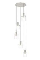 Brandroot Ribbed 66cm Round Pendant, 5 Light Adjustable E27, Beige Stone/Clear Narrow Line Glass