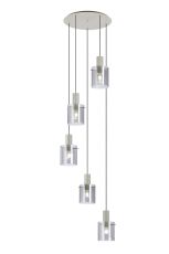 Brandroot Ribbed 66cm Round Pendant, 5 Light Adjustable E27, Beige Stone/Smoke Narrow Line Glass