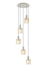 Brandroot Ribbed 66cm Round Pendant, 5 Light Adjustable E27, Beige Stone/Amber Wide Line Glass