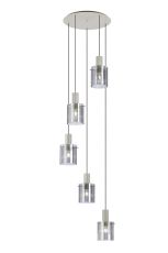 Brandroot Ribbed 66cm Round Pendant, 5 Light Adjustable E27, Beige Stone/Smoke Wide Line Glass