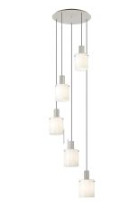 Brandroot Ribbed 66cm Round Pendant, 5 Light Adjustable E27, Beige Stone/Gloss White Wide Line Glass