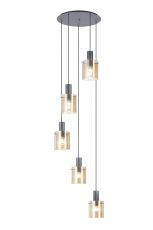 Brandroot Ribbed 66cm Round Pendant, 5 Light Adjustable E27, Dark Grey/Amber Narrow Line Glass