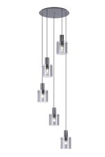 Brandroot Ribbed 66cm Round Pendant, 5 Light Adjustable E27, Dark Grey/Smoke Narrow Line Glass