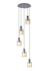 Brandroot Ribbed 66cm Round Pendant, 5 Light Adjustable E27, Dark Grey/Amber Wide Line Glass