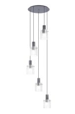 Brandroot Ribbed 66cm Round Pendant, 5 Light Adjustable E27, Dark Grey/Clear Wide Line Glass