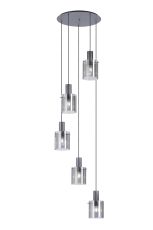 Brandroot Ribbed 66cm Round Pendant, 5 Light Adjustable E27, Dark Grey/Smoke Wide Line Glass