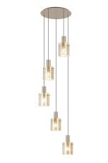 Brandroot Ribbed 66cm Round Pendant, 5 Light Adjustable E27, Light Gold/Amber Narrow Line Glass