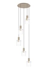 Brandroot Ribbed 66cm Round Pendant, 5 Light Adjustable E27, Light Gold/Clear Narrow Line Glass