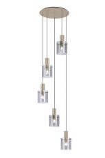 Brandroot Ribbed 66cm Round Pendant, 5 Light Adjustable E27, Light Gold/Smoke Narrow Line Glass