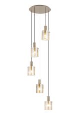 Brandroot Ribbed 66cm Round Pendant, 5 Light Adjustable E27, Light Gold/Amber Wide Line Glass