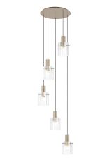 Brandroot Ribbed 66cm Round Pendant, 5 Light Adjustable E27, Light Gold/Clear Wide Line Glass